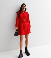 New Look Red Belted Long Sleeve Mini Shirt Dress
